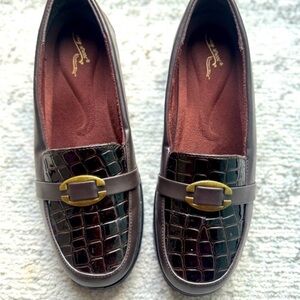 easy street Brown Croc-Embossed Loafers with Gold Buckle